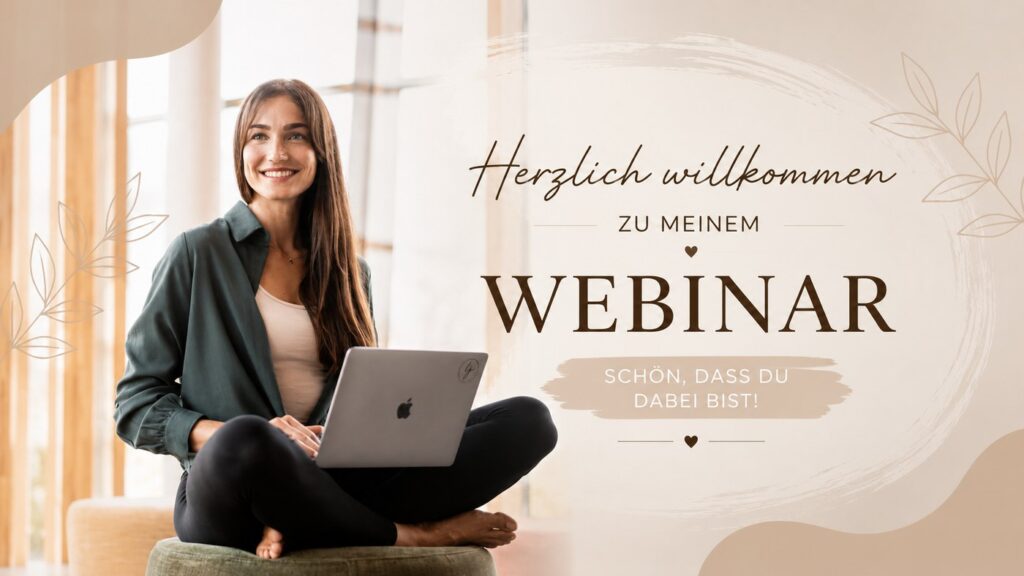 Sandra von LAJA Yoga sitzt mit Laptop – Willkommen zum kostenfreien Yoga-Webinar